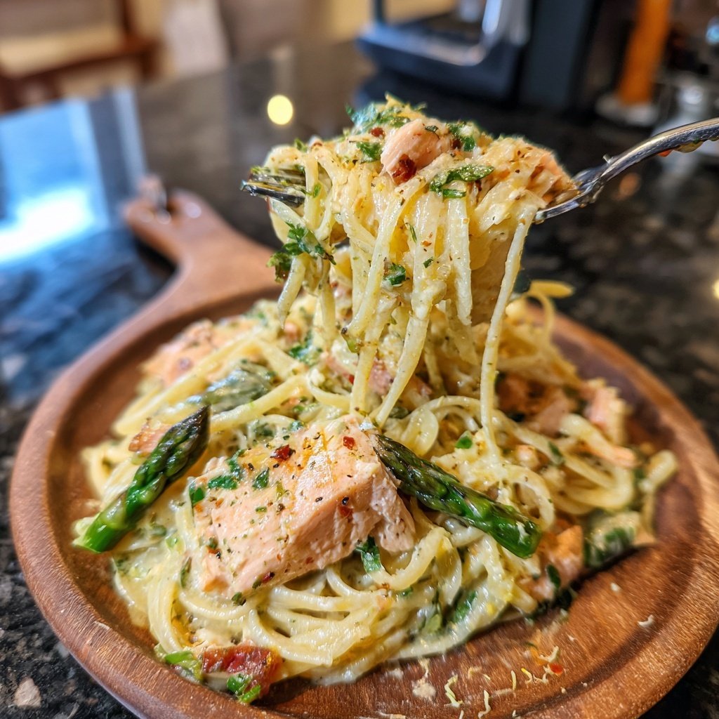 Baked Lemon Miso Salmon Pasta